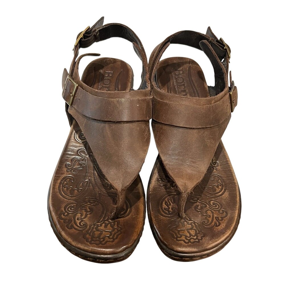 Born Women's Brown Distressed Leather Adj Thong Low Wedge Sandals  Size 7